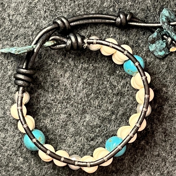 Turquoise Wave leather wrap bracelet. 6" - 7" - Picture 1 of 9